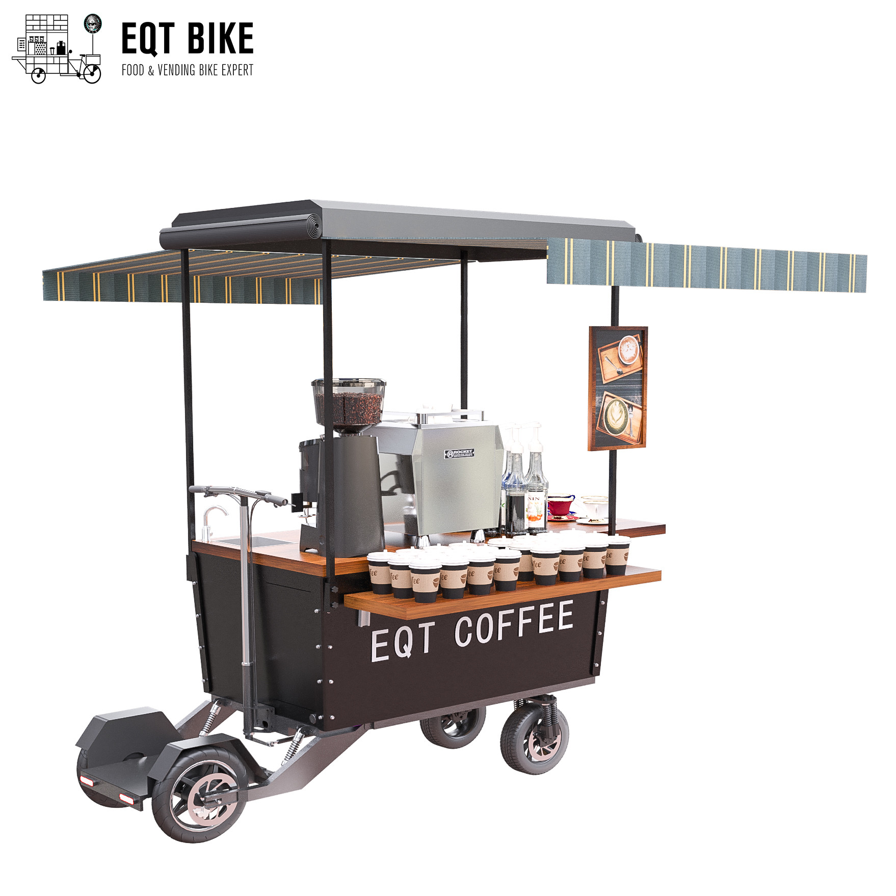 Rua impermeável que vende o carro da bicicleta do café com freio de disco